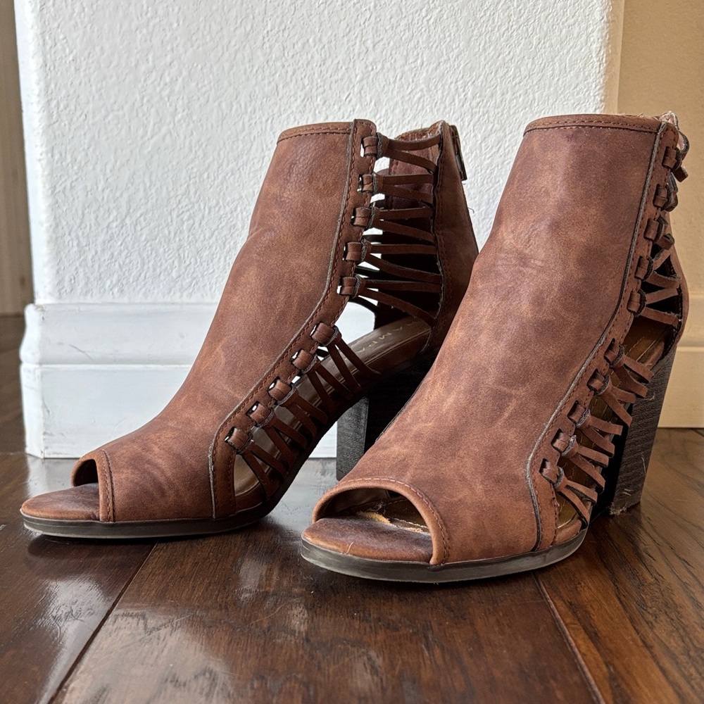 Brown Peep-Toe Heel Ankle Boots